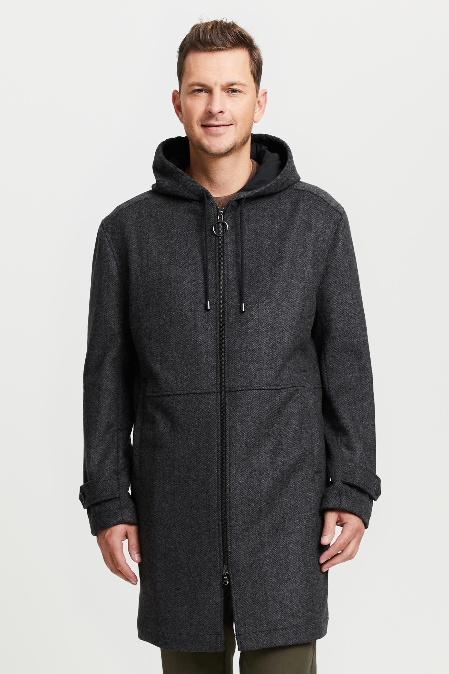 Paavo Herringbone Wool Parka Coat Grey