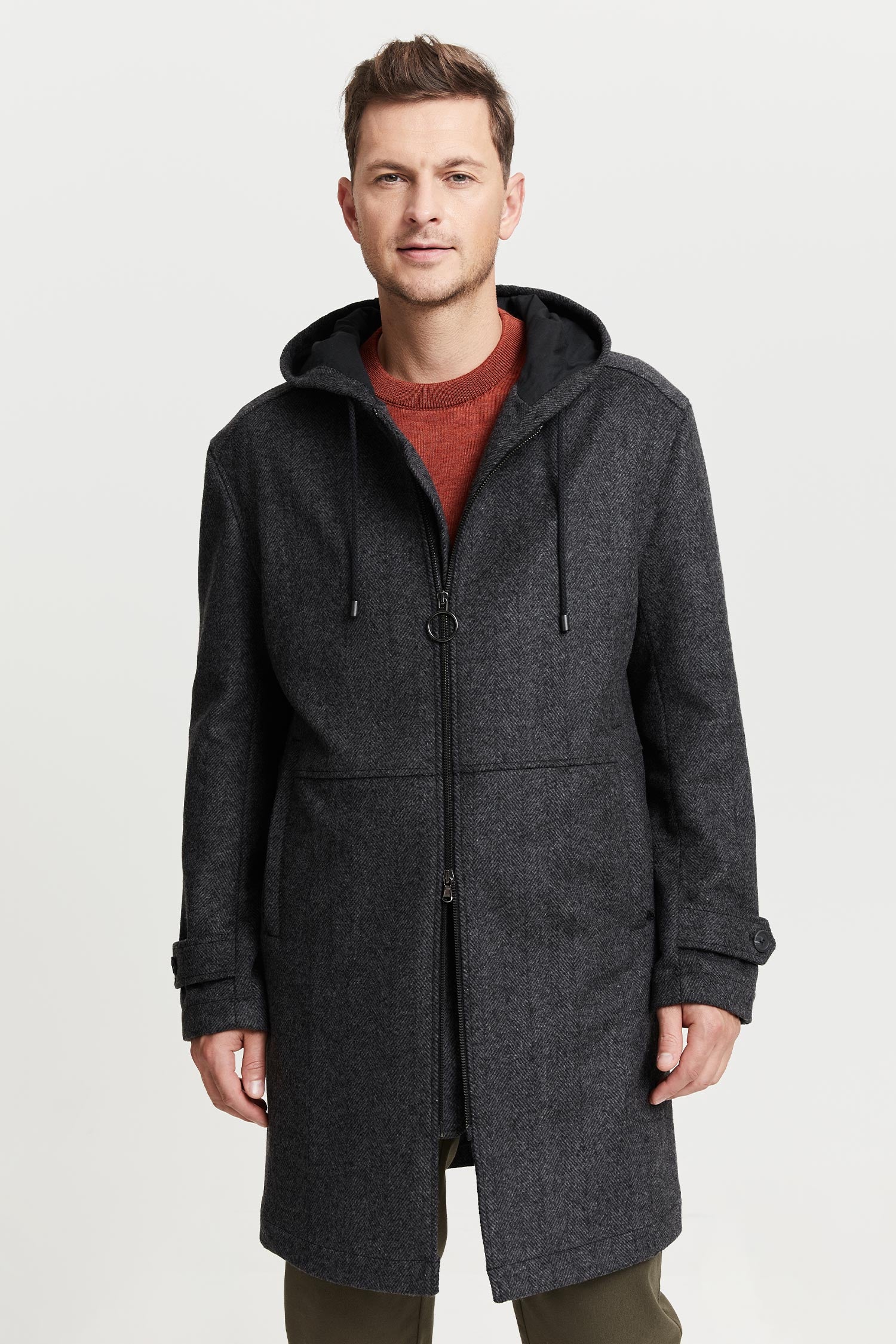 Paavo Herringbone Wool Parka Coat Grey