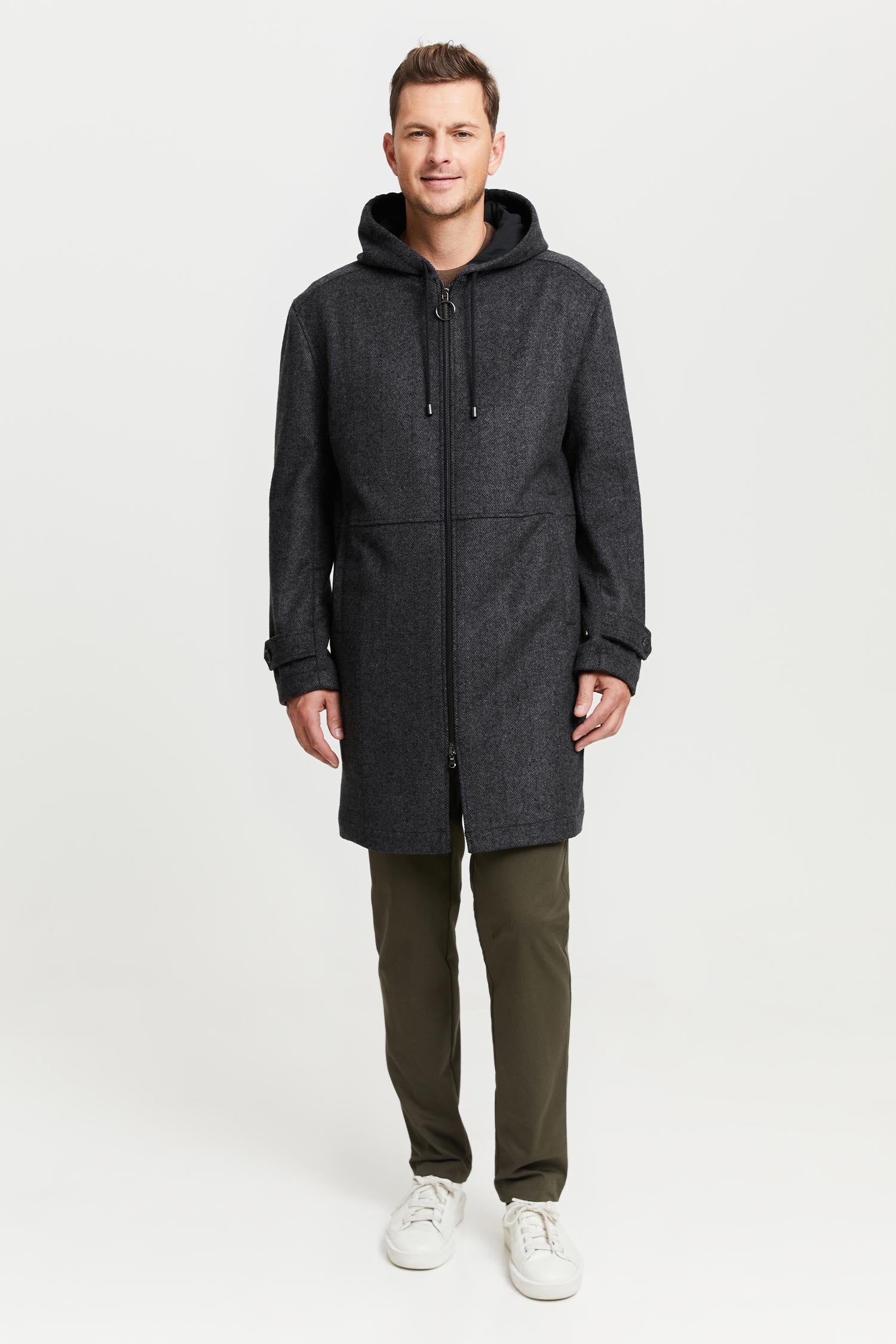 Paavo Herringbone Wool Parka Coat Grey